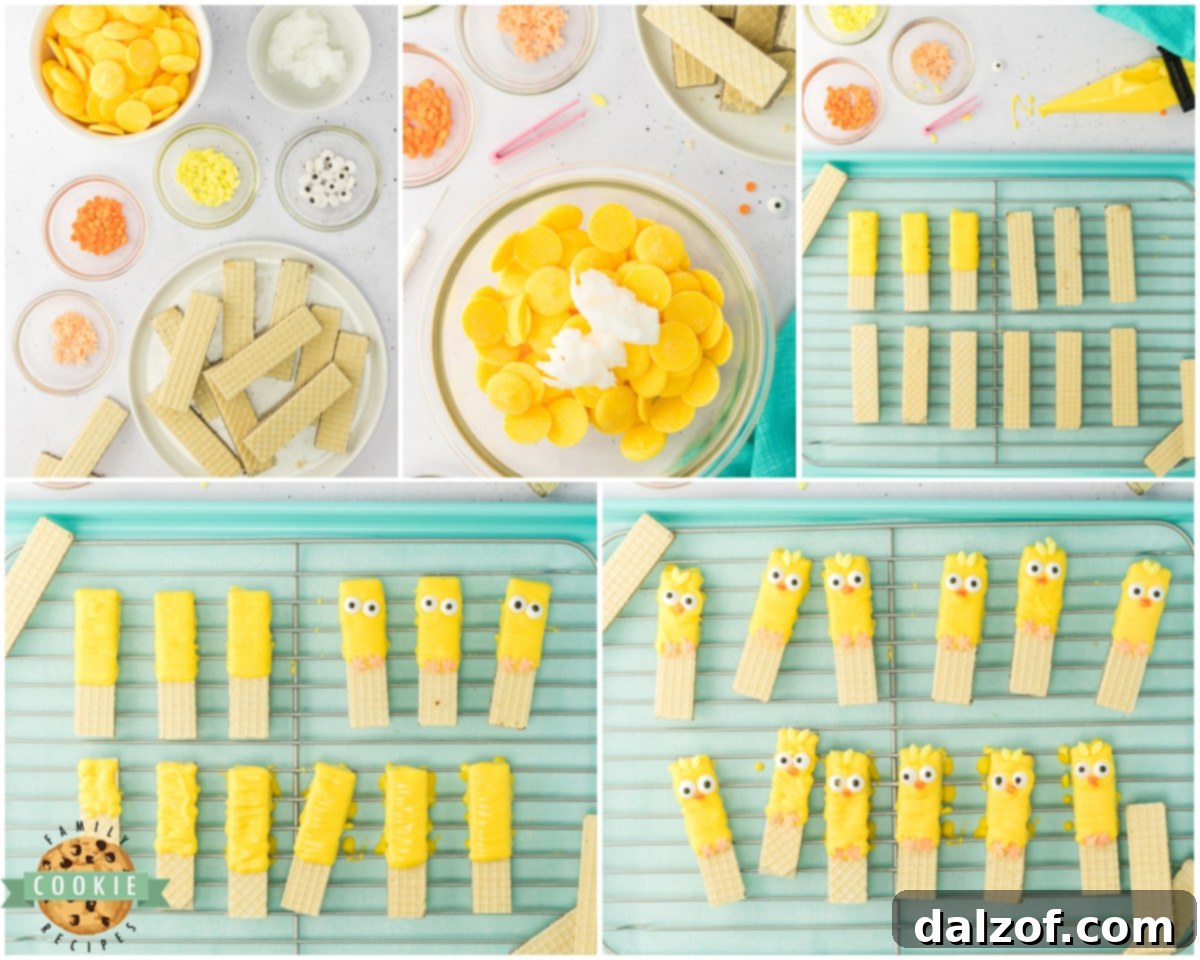 step-by-step guide on how to make Easter chick cookies with wafer cookies