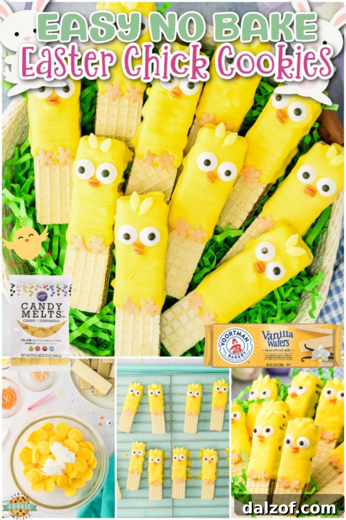 Easy No-Bake Easter Chick Cookies with wafer cookies dipped in candy coating and decorated