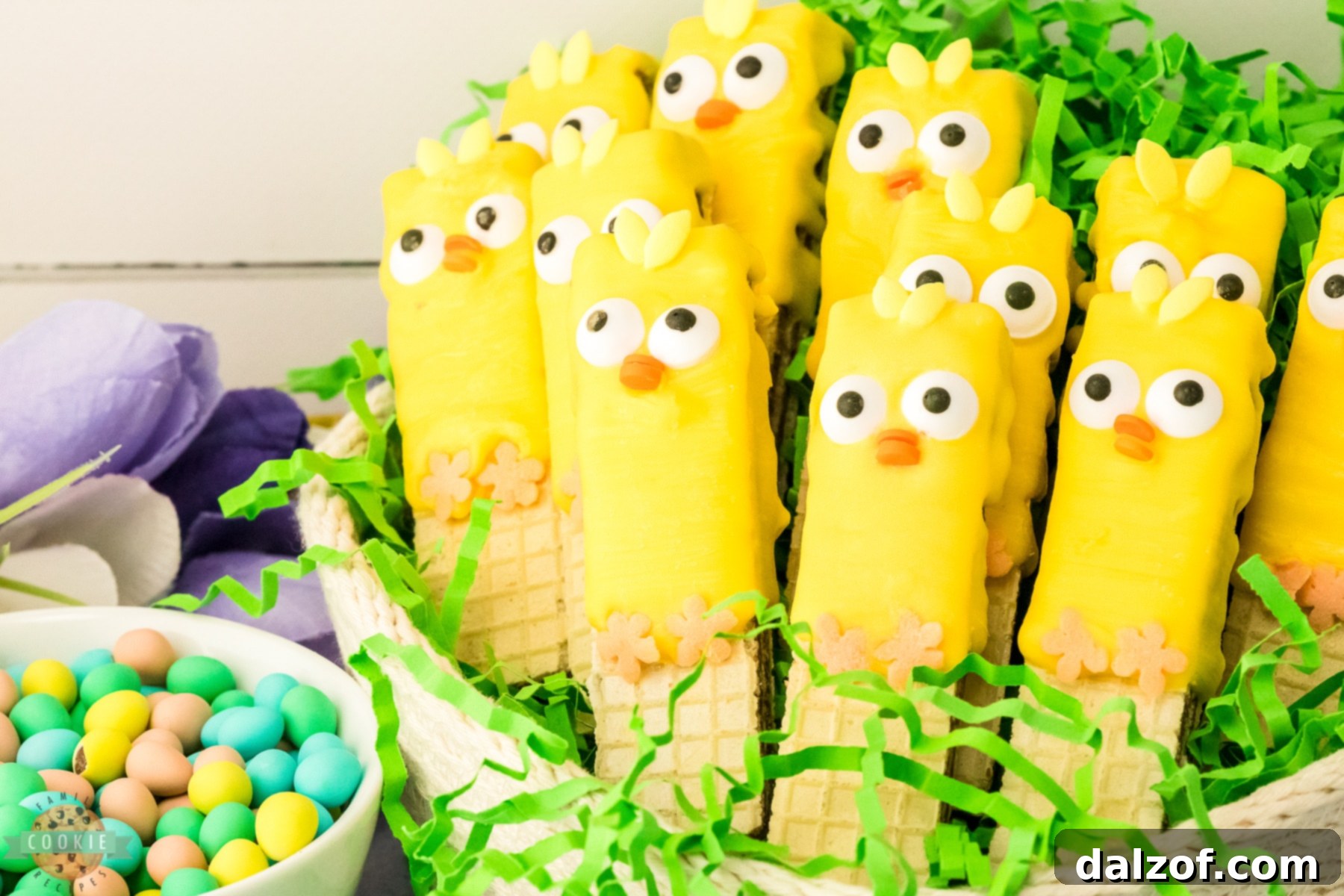 easy Easter cookies made with wafers and yellow candy coating