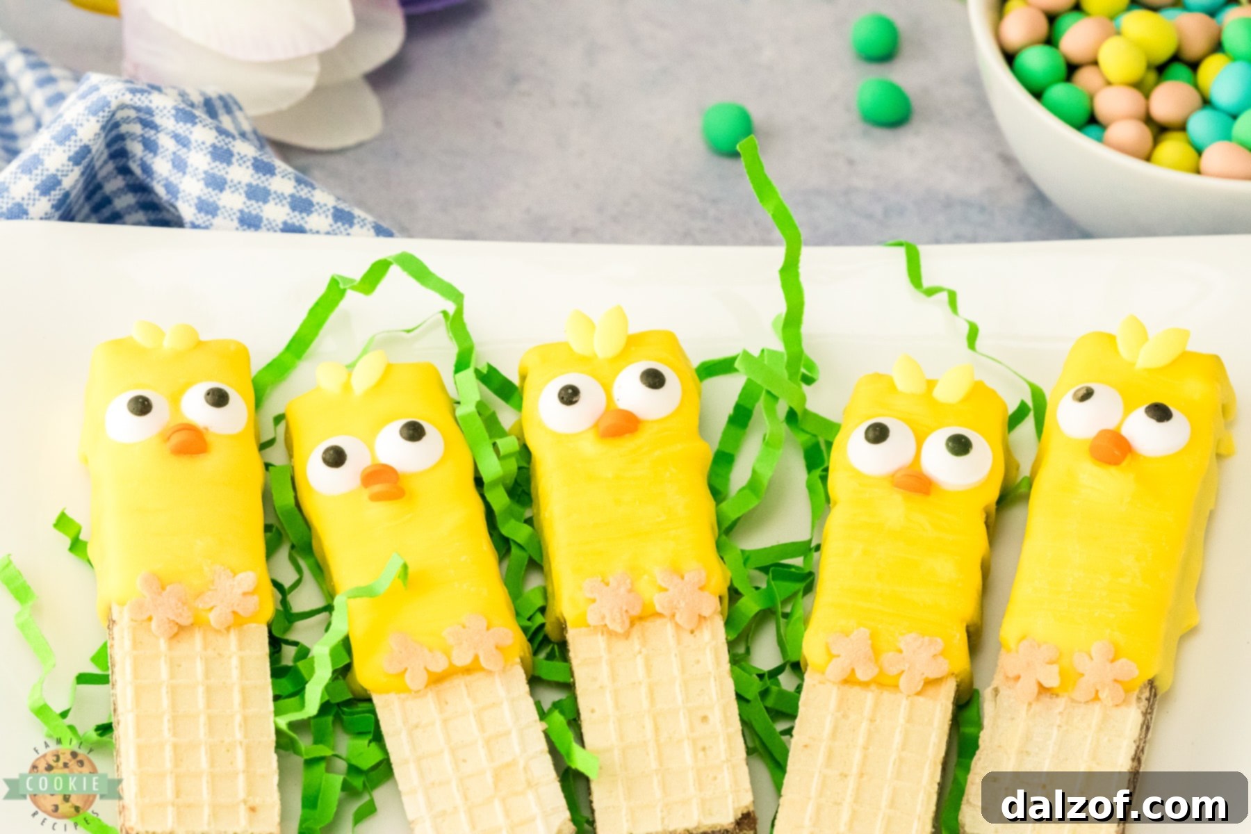 cute Easter chick cookies arranged on a platter