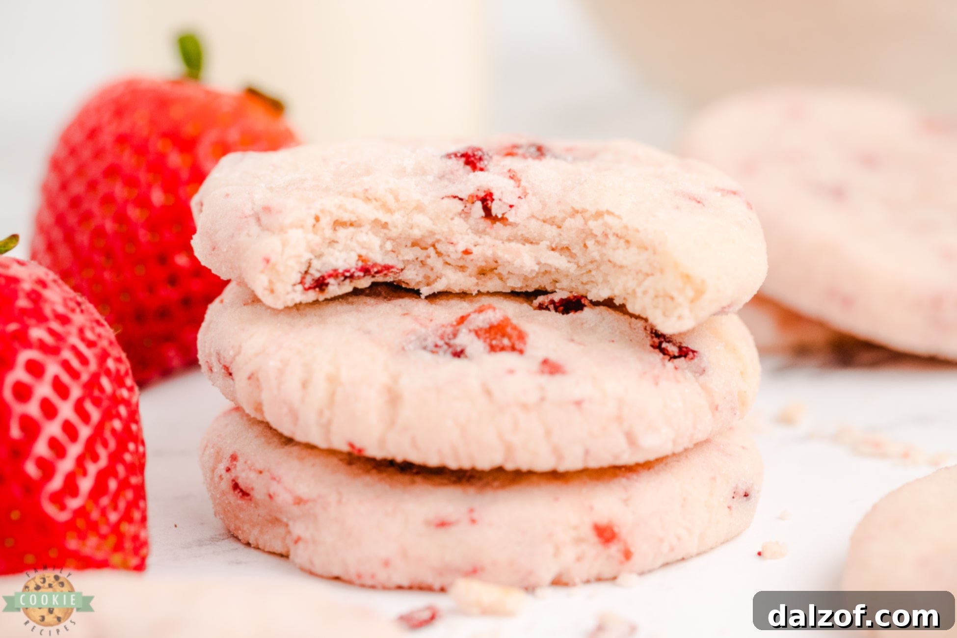 bite out of a strawberry cream cheese sugar cookie