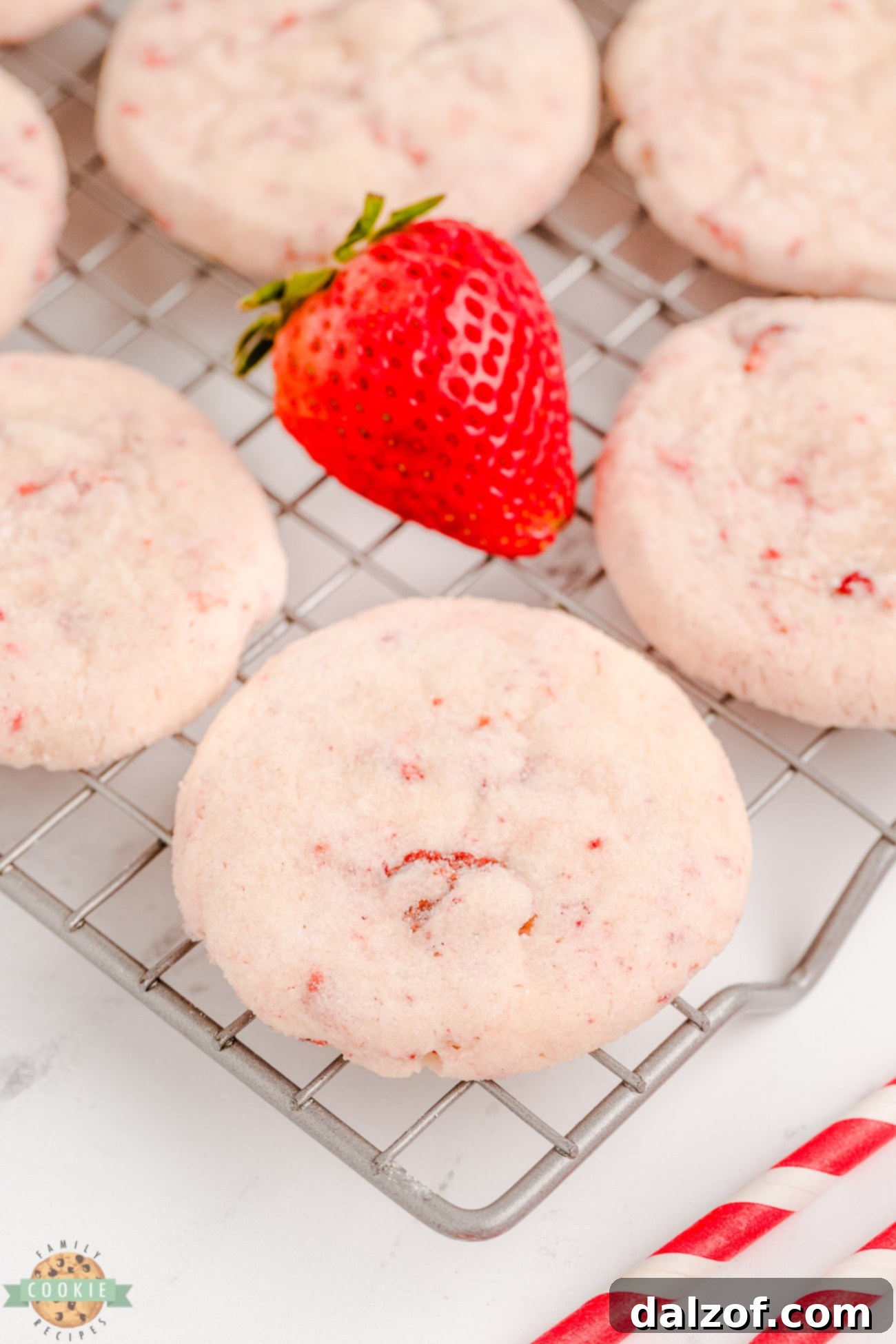 cream cheese strawberry cookies on a cooling rack
