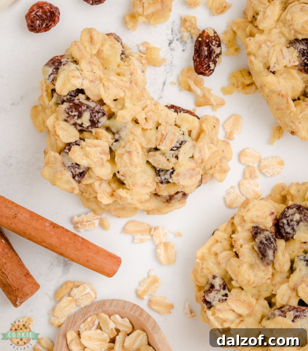 bite taken out of a no bake oatmeal raisin cookie