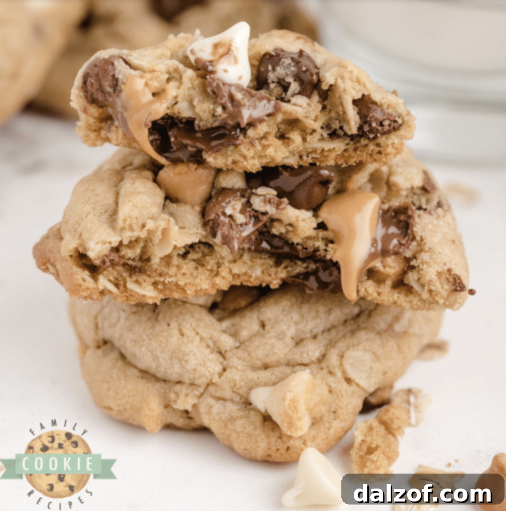 Irresistible Peanut Butter Cookies 7 Soft, chewy Five Chip Peanut Butter Oatmeal Cookies filled with milk chocolate, semisweet chocolate, peanut butter, vanilla, and butterscotch chips.