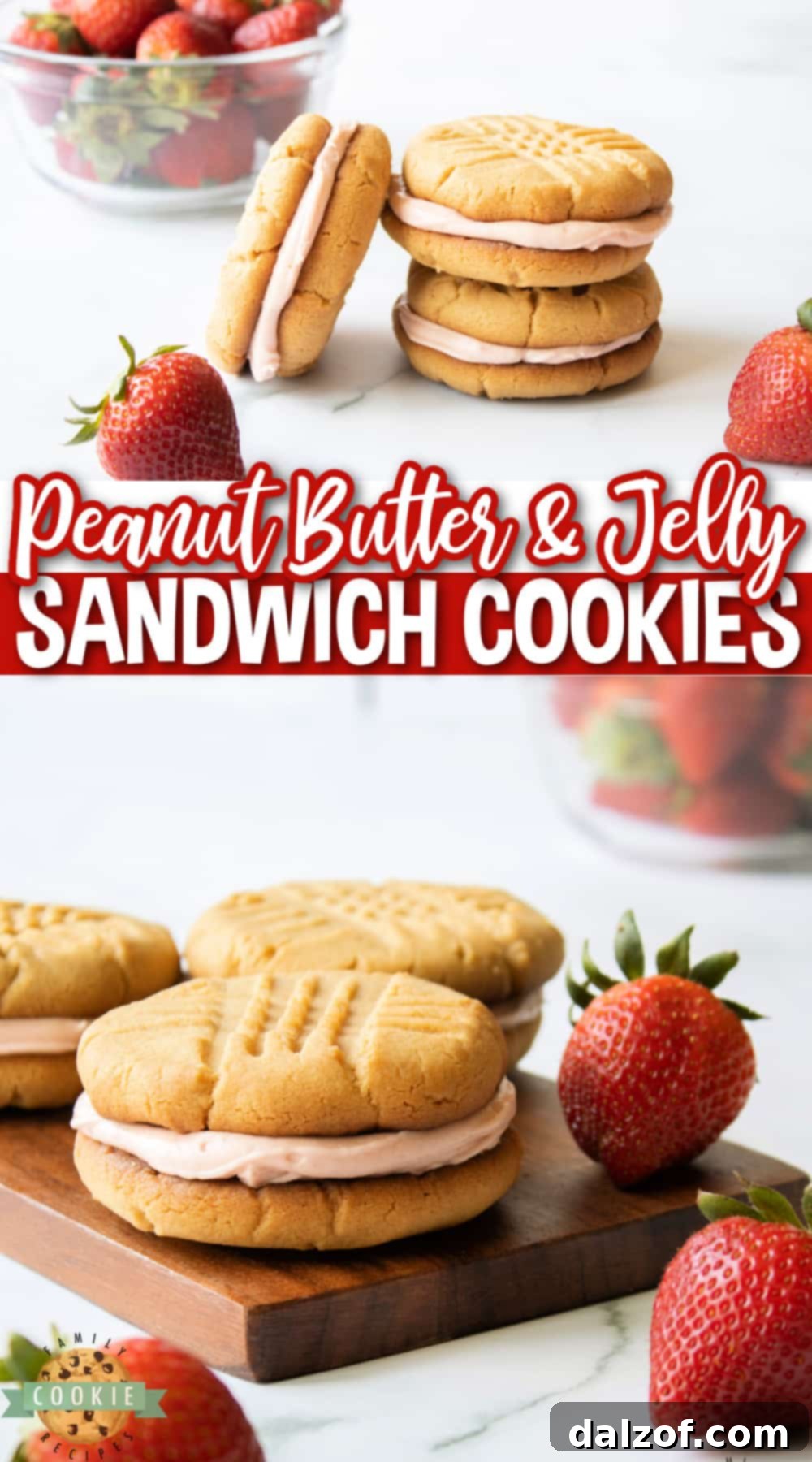 A tantalizing spread of Peanut Butter and Jelly Sandwich Cookies, capturing their inviting texture and sweet allure.