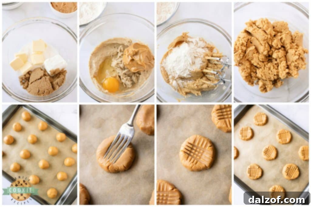 Step-by-step imagery demonstrating how to prepare the peanut butter cookie dough for baking.