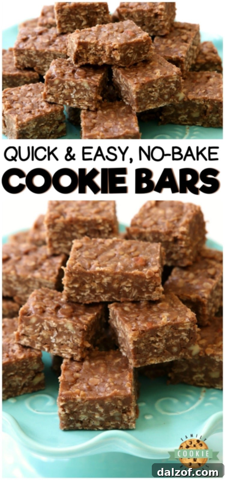 A large batch of No Bake Cookie Bars with keywords like #nobake #cookies #chocolate #dessert #oats #recipe from FAMILY COOKIE RECIPES