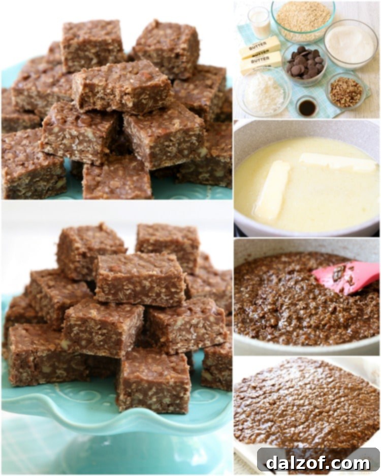 Step-by-step process collage for making No Bake Cookie Bars