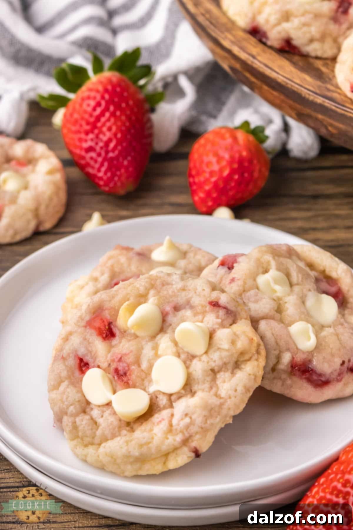 Freshly baked Strawberry Cookies featuring vibrant strawberries and melted white chocolate chips, arranged on a cooling rack.