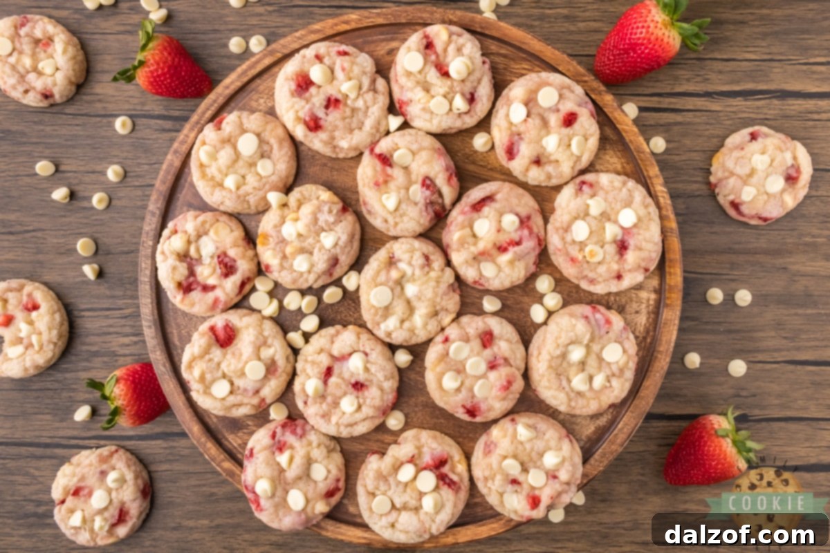 A top-down view of freshly baked Strawberry Cookies, showcasing their rich color, visible strawberry pieces, and melted white chocolate.