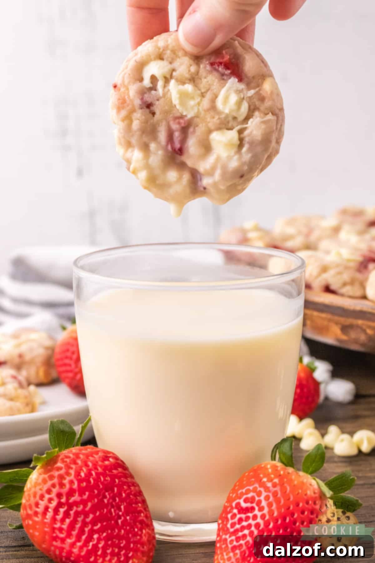 A delicious Strawberry Cookie, with visible pieces of fresh strawberry and white chocolate, perfectly dipped in a glass of cold milk.