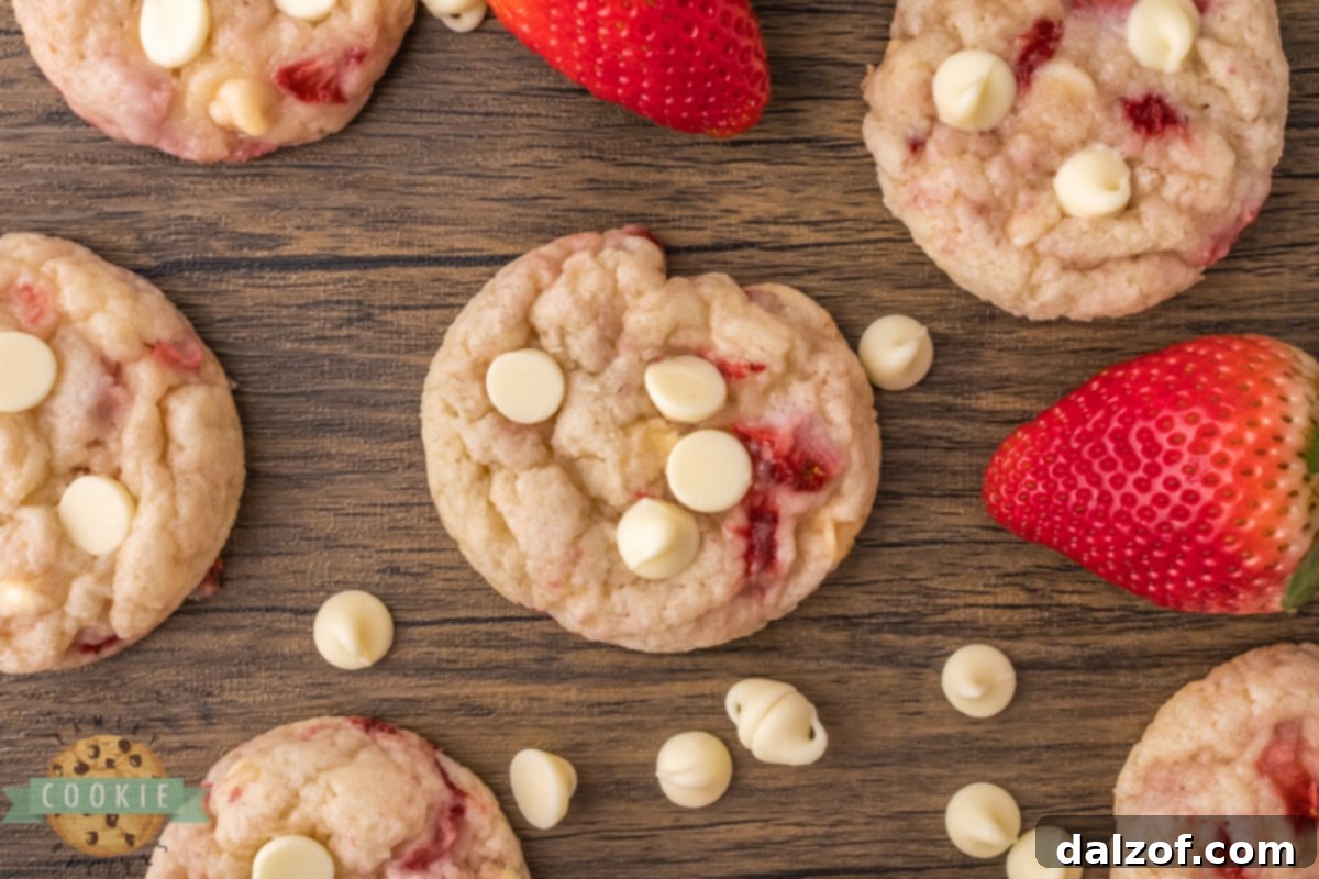 A close-up of soft, homemade cookies featuring chunks of fresh strawberries and melting white chocolate chips, ready to be enjoyed.