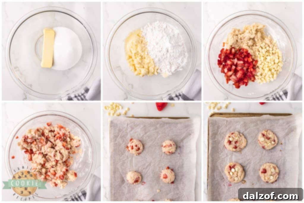 A step-by-step visual guide showing the process of making fresh strawberry cookies with white chocolate chips, from mixing dough to baking.