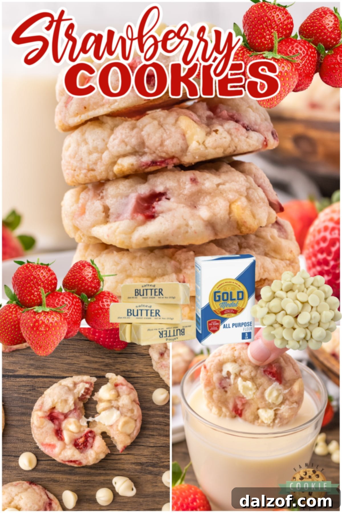 An inviting collage showcasing various angles of delicious strawberry cookies with white chocolate chips, emphasizing their homemade goodness.