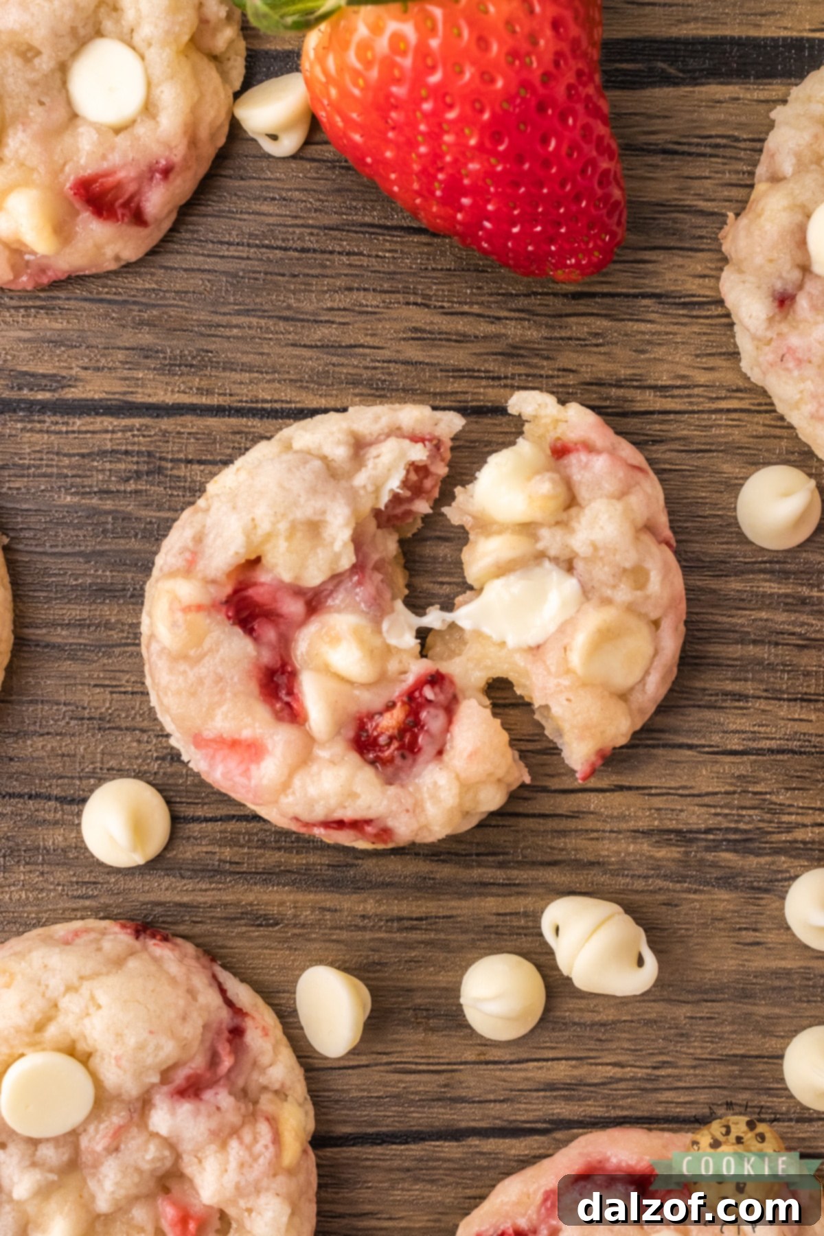Close-up of perfectly baked White Chocolate Chip Strawberry Cookies, showcasing their appealing texture and colorful inclusions.