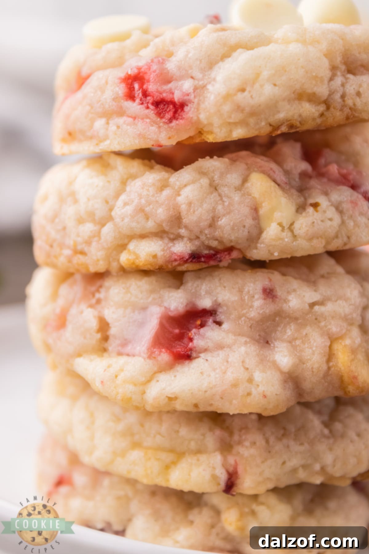 An array of freshly baked White Chocolate Chip Strawberry Cookies displayed beautifully, highlighting the texture and color.