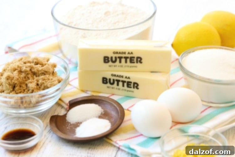 Ingredients to make lemon cookies laid out on a table