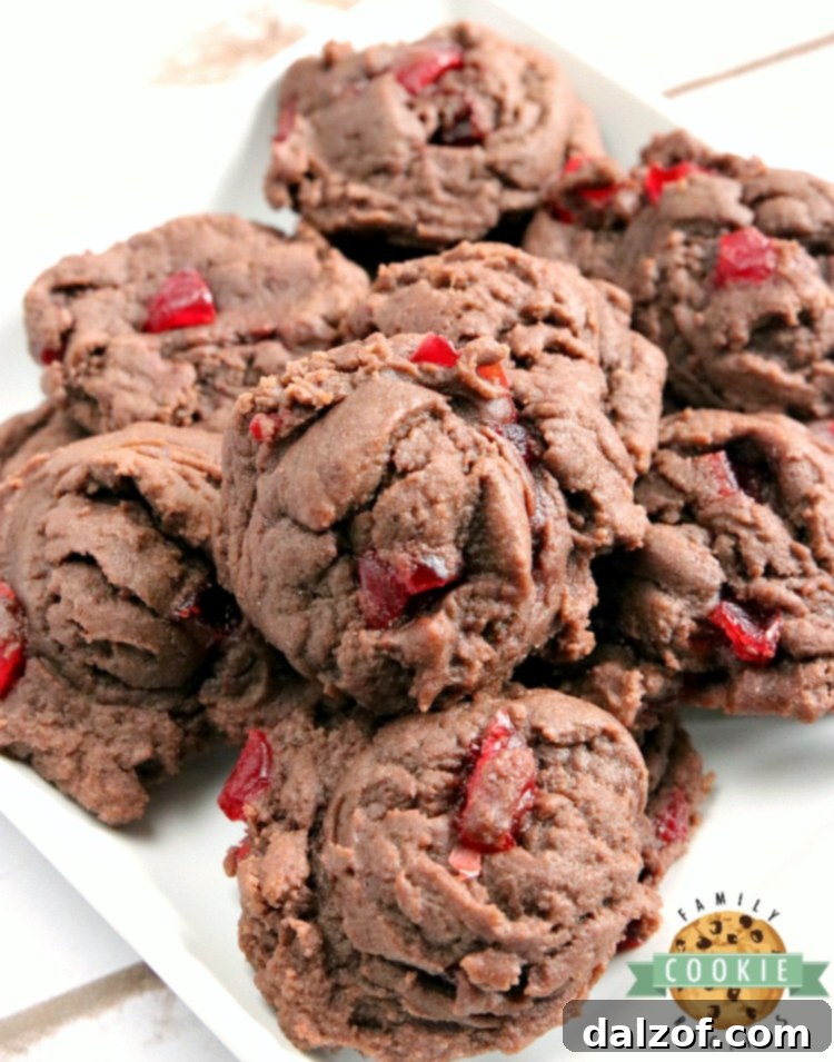 Soft and chewy Cherry Chocolate Cookies bursting with fresh cherries and rich chocolate flavor, enhanced by a secret chocolate pudding mix ingredient.