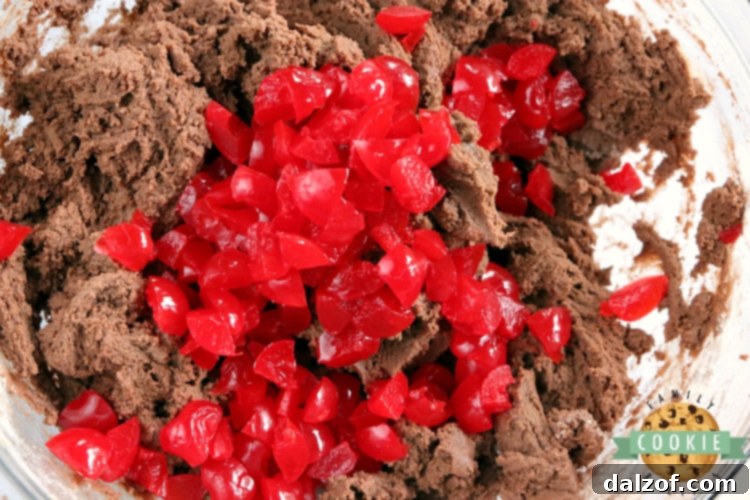 A batch of freshly baked Cherry Chocolate Cookies, showcasing their soft, chewy texture and the vibrant red of maraschino cherries against rich chocolate.
