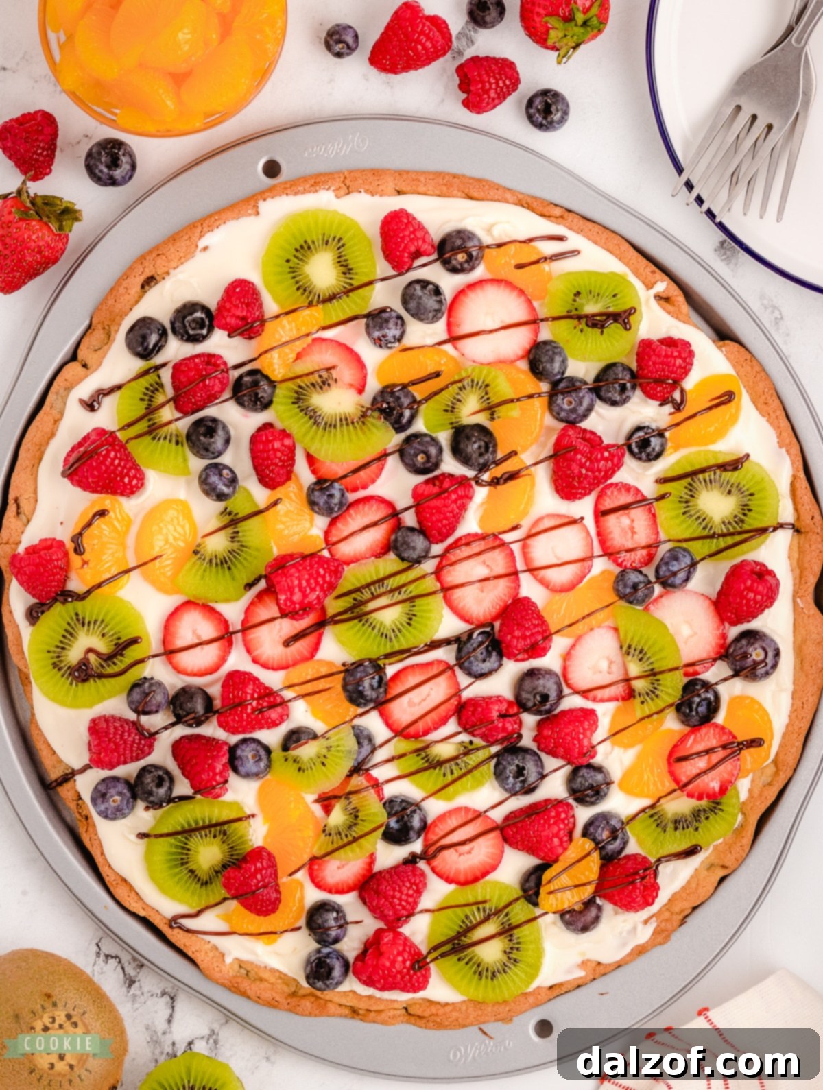 whole chocolate chip cookie pizza with fruit