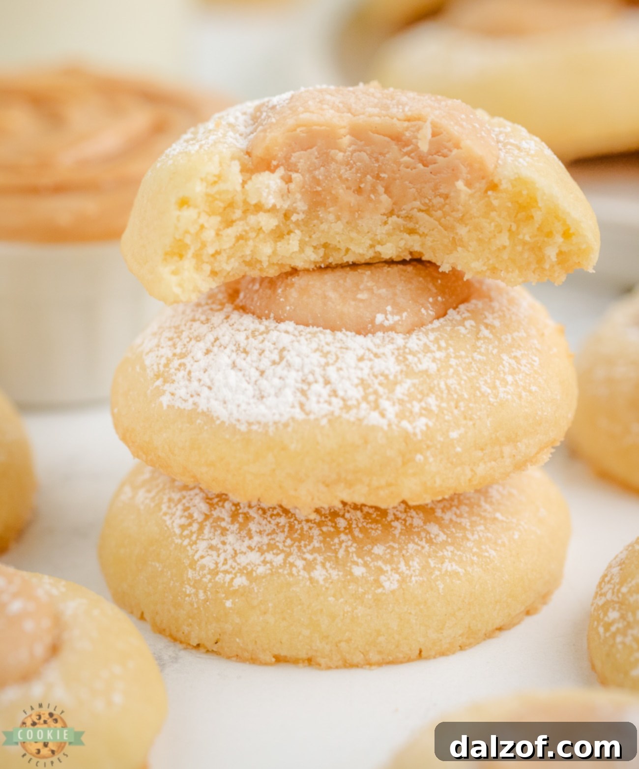 peanut butter thumbprint cookie with a bite taken out