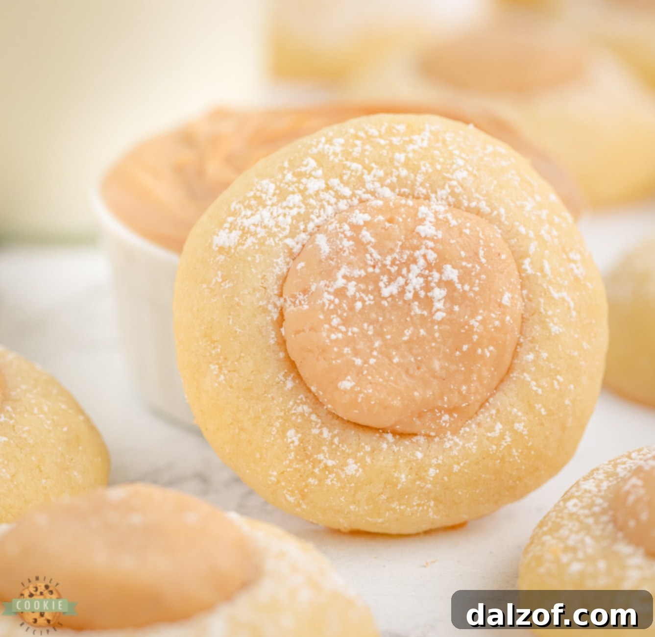 peanut butter thumbprint cookie dusted with powdered sugar