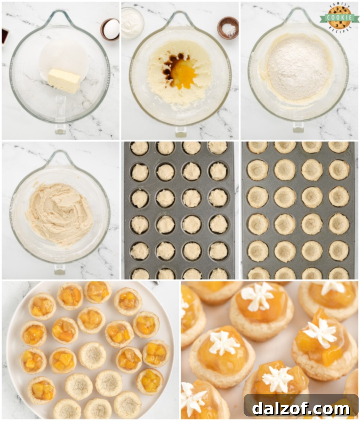 Step-by-step visual guide on how to make peaches and cream cookies, showing the dough and filling process.