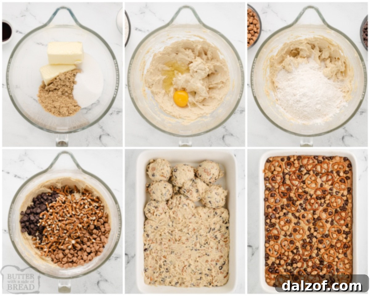 A visual guide showing how to make butterscotch pretzel cookie bars, from mixing ingredients to layering in the pan.