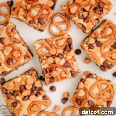 butterscotch cookie bars with pretzels baked on top