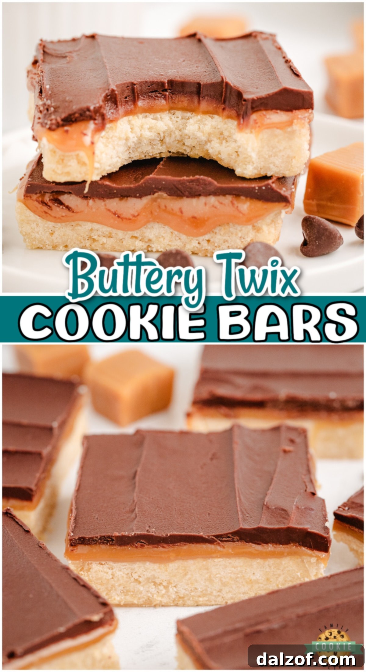 Twix Cookie Bars are shortbread cookie bars topped with a layer of caramel and chocolate! Homemade caramel shortbread dessert bars are made easy and serve a crowd!
