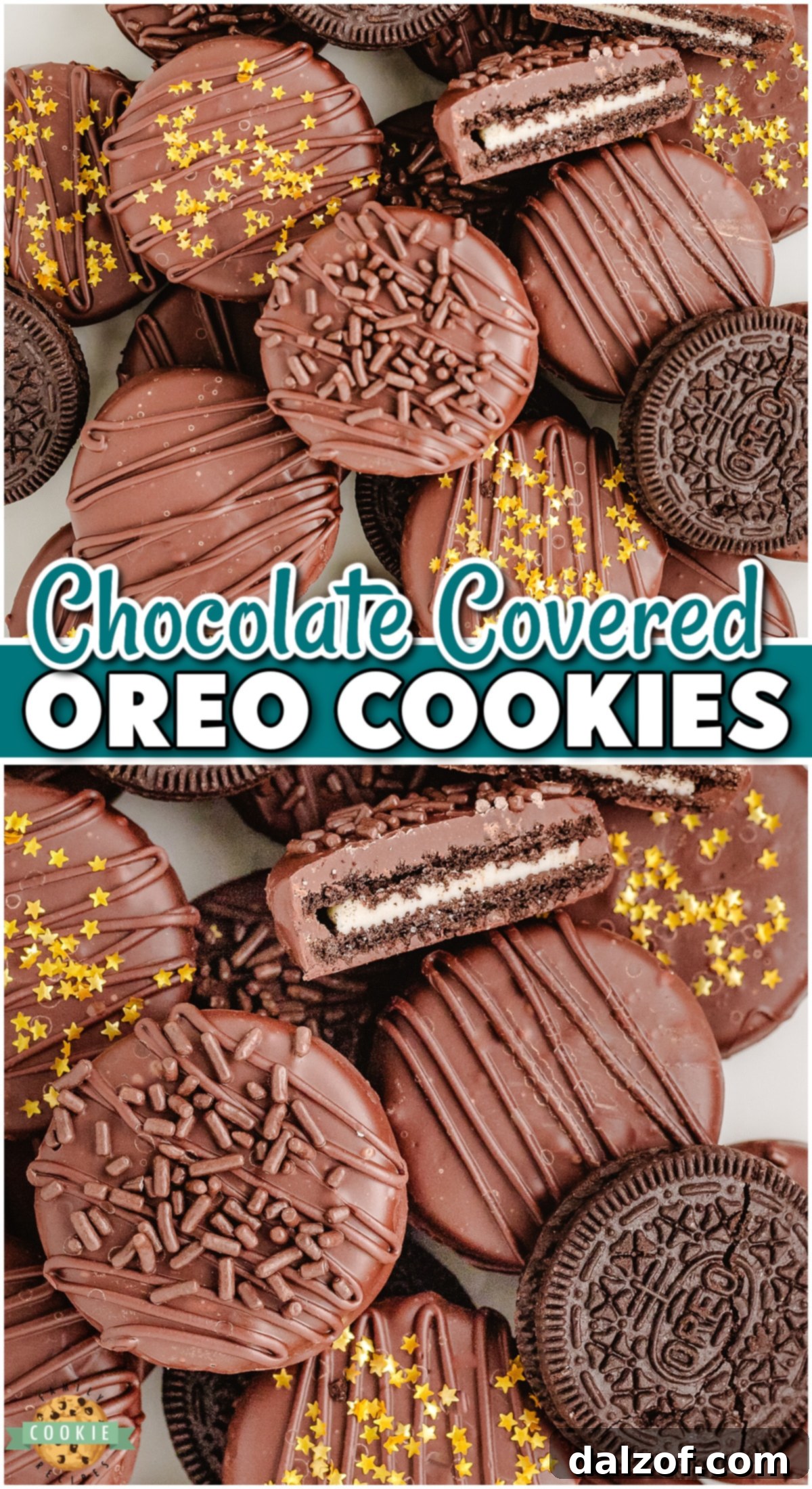 Chocolate dipped Oreos made with a few simple ingredients for an easy, decadent treat! Drizzle them in chocolate, top them with sprinkles & enjoy! 