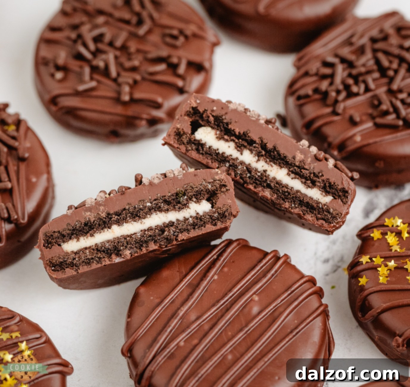 chocolate dipped oreo cut in half