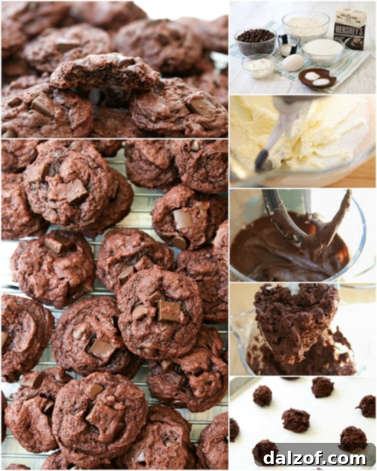A collage showing the step-by-step process of making chocolate pudding cookies, from mixing ingredients to finished product.