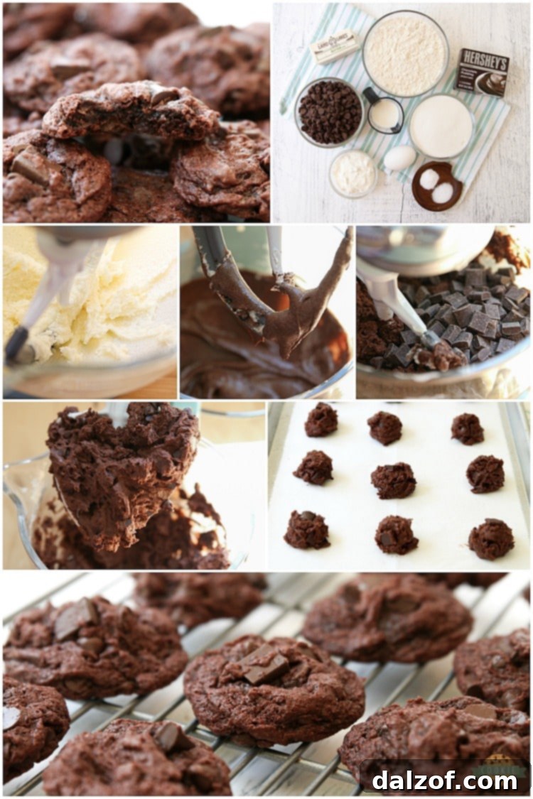 A collage featuring various close-up shots of double chocolate pudding cookies, highlighting their rich color and texture.