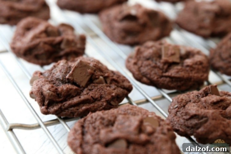 Freshly baked double chocolate pudding cookies cooling on a wire rack, ready to be enjoyed.