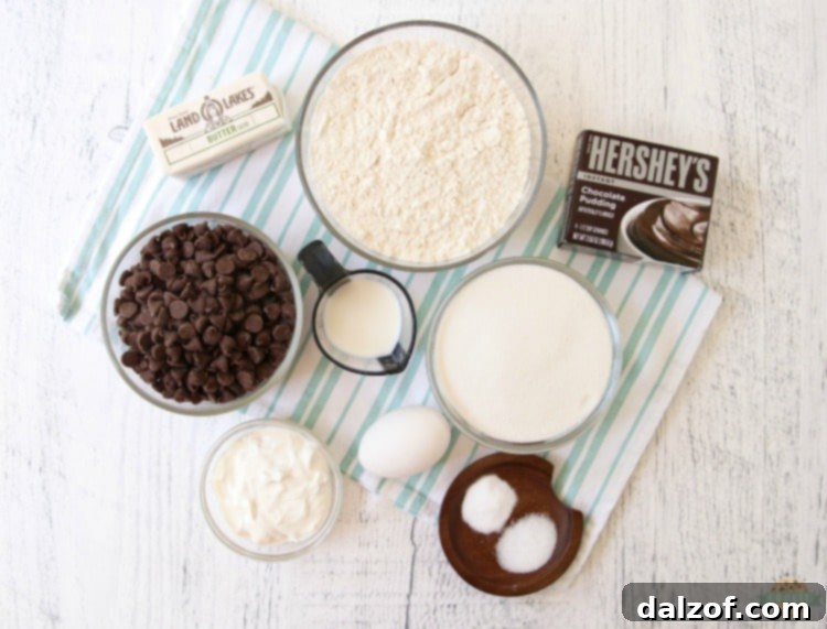 A collection of fresh, high-quality ingredients laid out for making delicious chocolate pudding cookies.