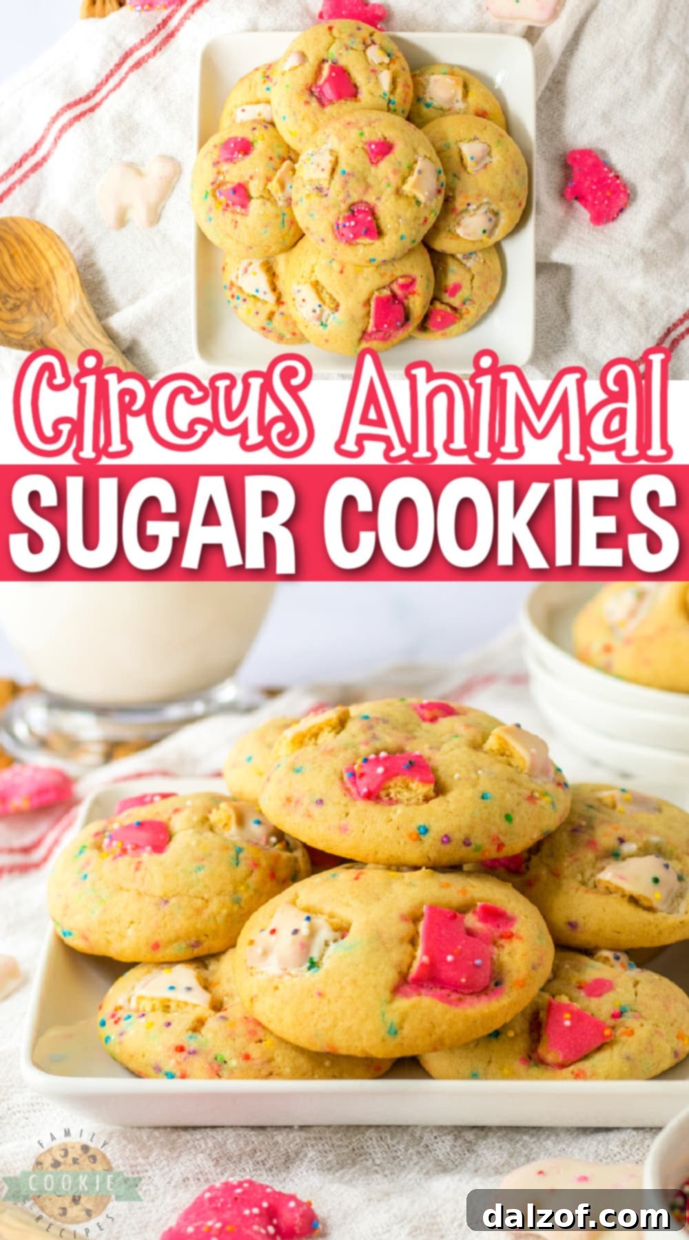 Circus Animal Sugar Cookies are a fun and whimsical twist on traditional sugar cookies. The recipe calls for basic ingredients that can be found in most kitchens, along with a few extra special additions, such as rainbow sprinkles and frosted circus animal cookies.