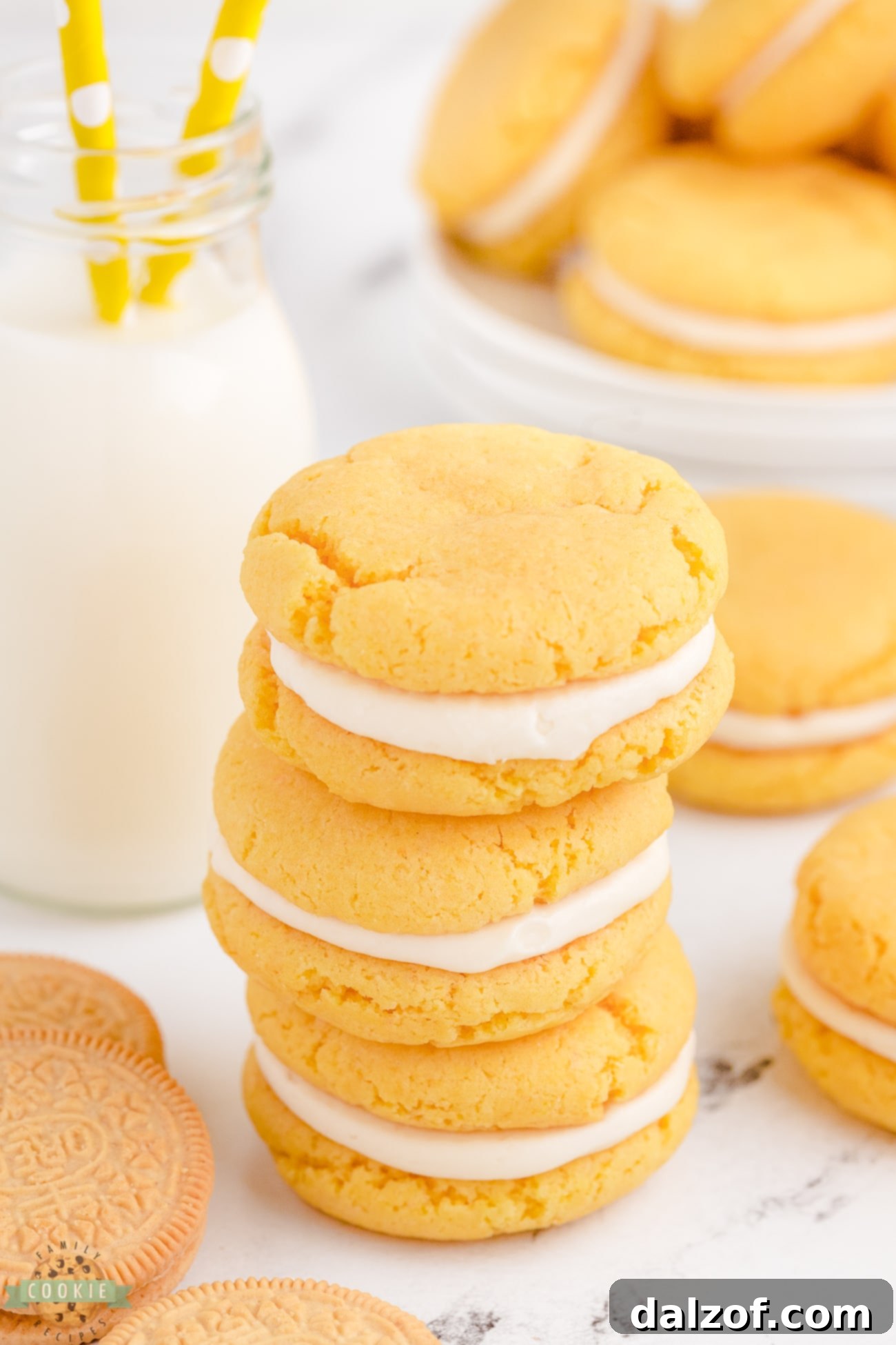 A beautiful stack of homemade Golden Oreos, showcasing their golden color and creamy filling