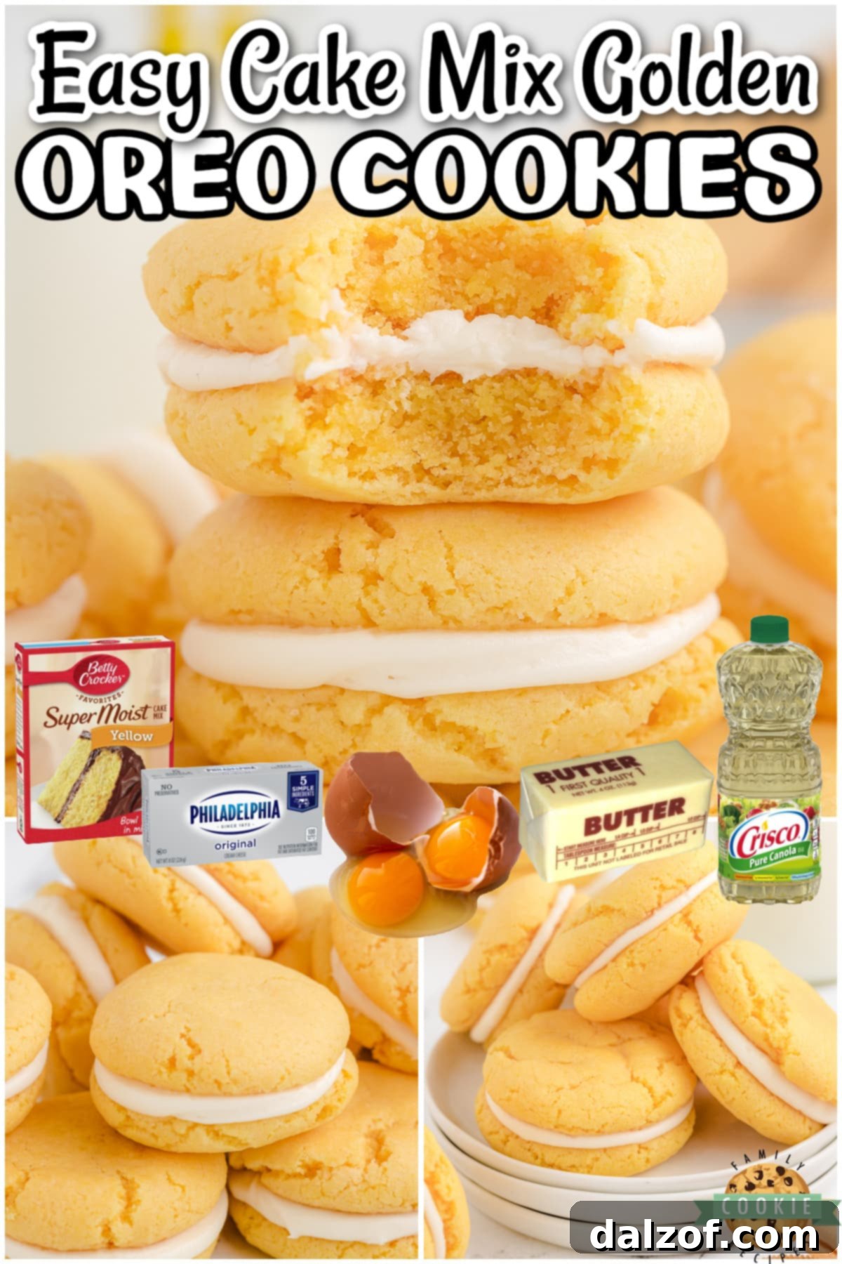 A vibrant collage of homemade Golden Oreo cookies with a caption highlighting their simplicity and deliciousness.