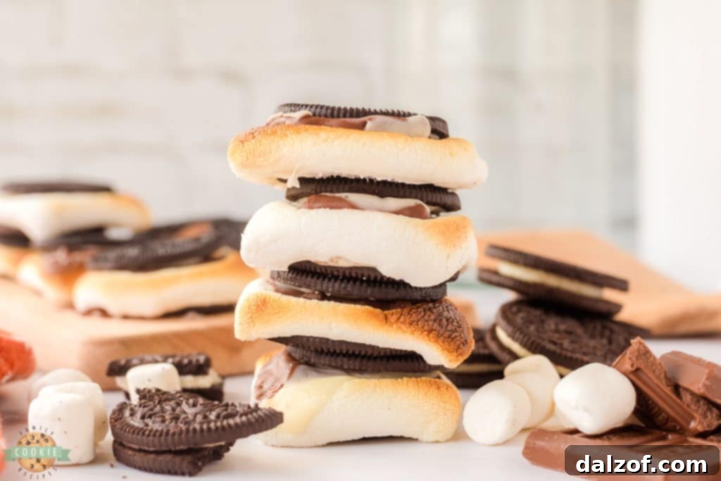 Stack of perfectly toasted Oreo S'mores, rich with melted chocolate and marshmallow.
