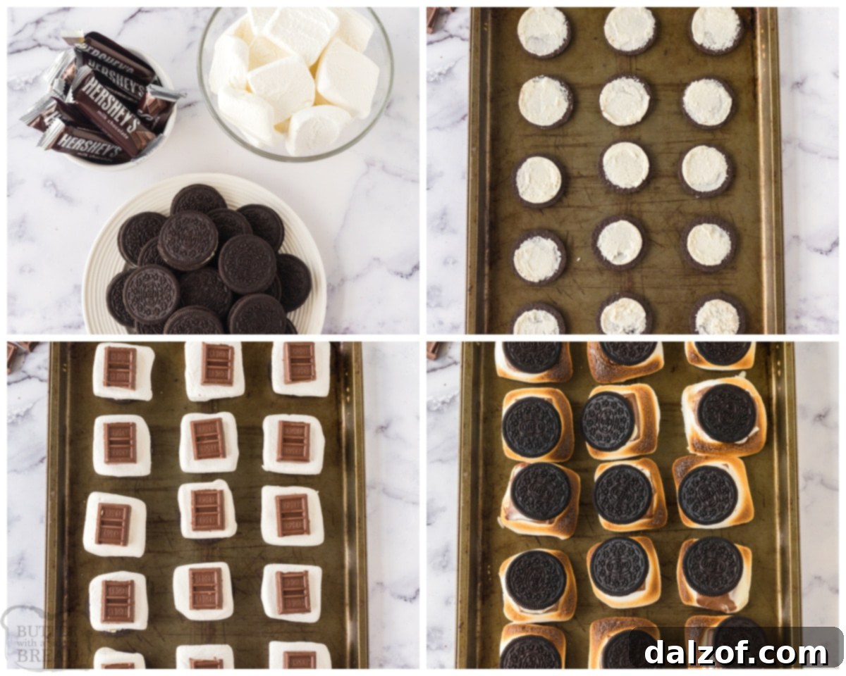 Step-by-step assembly of Oreo S'mores, showing cookies, marshmallows, and chocolate.