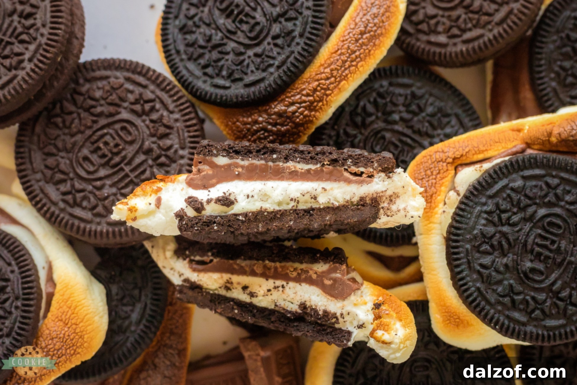Cross-section of an Oreo S'more, showcasing the layers of cookie, marshmallow, and chocolate.