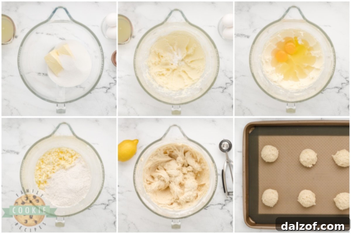 Step-by-step imagery showcasing the process of making Easy Lemonade Cookies, from mixing dough to baking on a sheet.