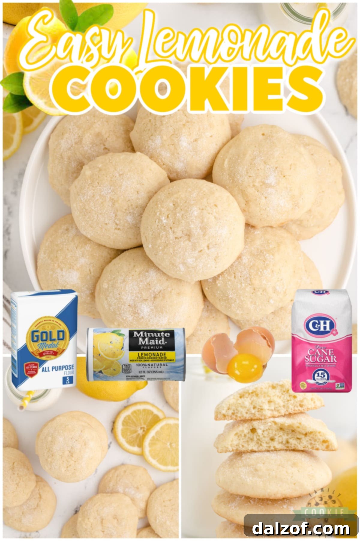 Close-up of a stack of Easy Lemonade Cookies, highlighting their soft texture and vibrant lemon zest, ready to be enjoyed.