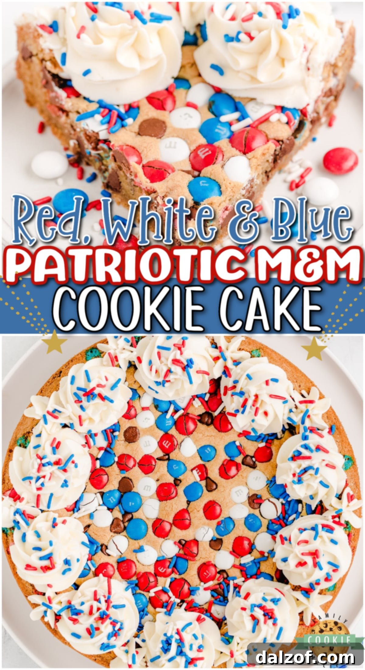 Fun, festive red, white & blue Patriotic Cookie Cake perfect for the 4th of July! Perfectly sweet, chewy M&M cookie dough baked & topped with buttercream frosting & sprinkles everyone loves! 