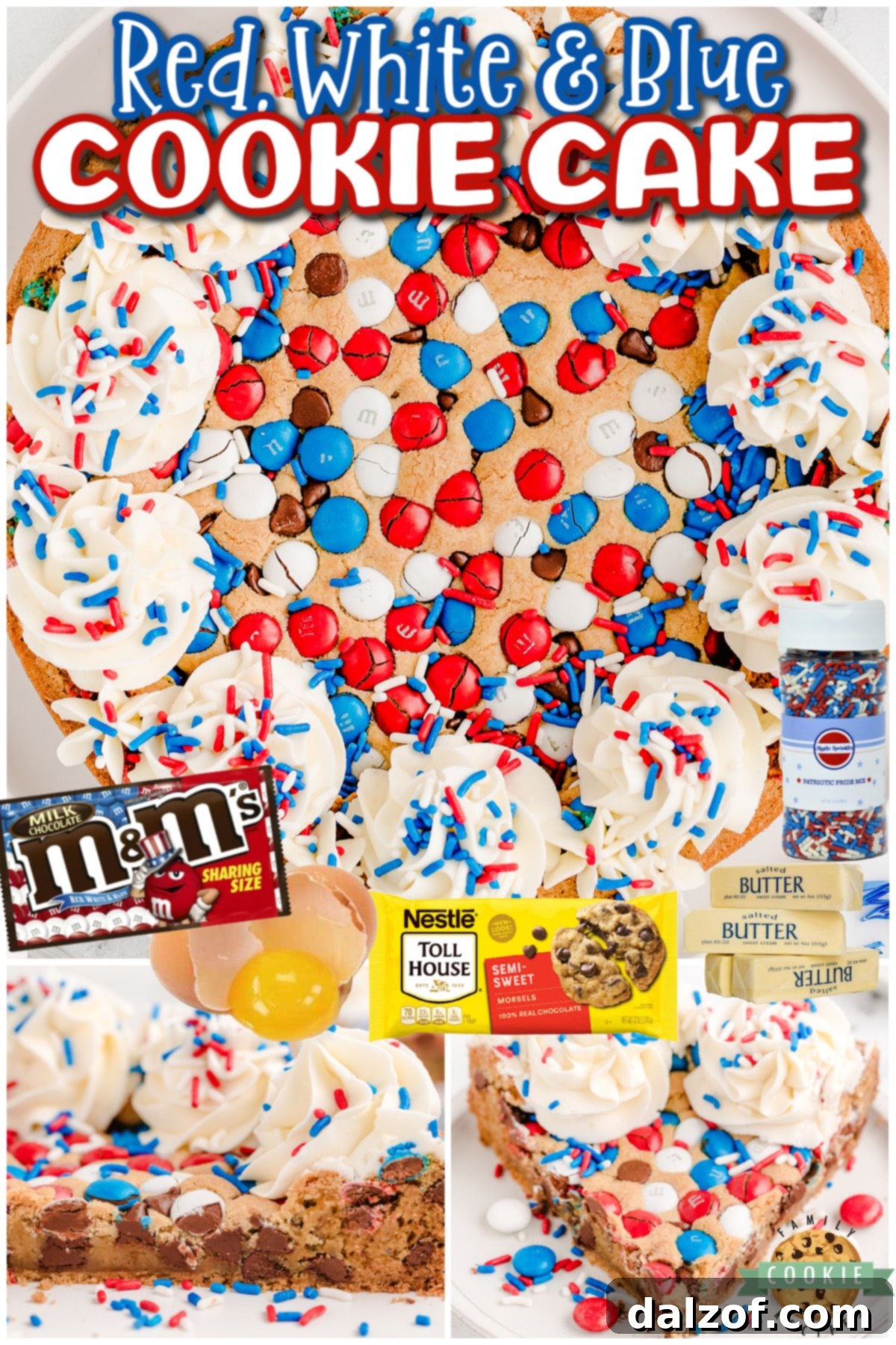 Fun, festive red, white & blue Patriotic Cookie Cake perfect for the 4th of July! Perfectly sweet, chewy M&M cookie dough baked & topped with buttercream frosting & sprinkles everyone loves! 