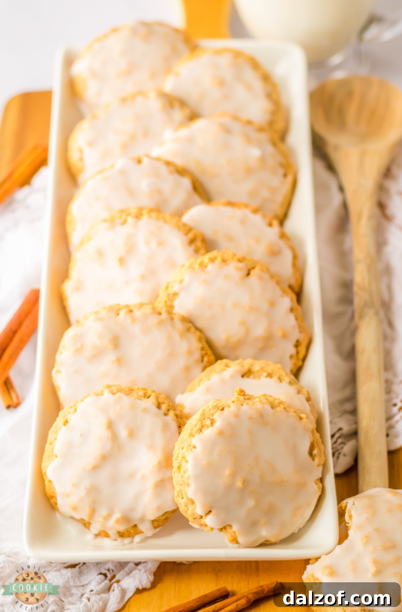 Luscious Frosted Oatmeal Chews 3 Tray of golden brown iced oatmeal cookies