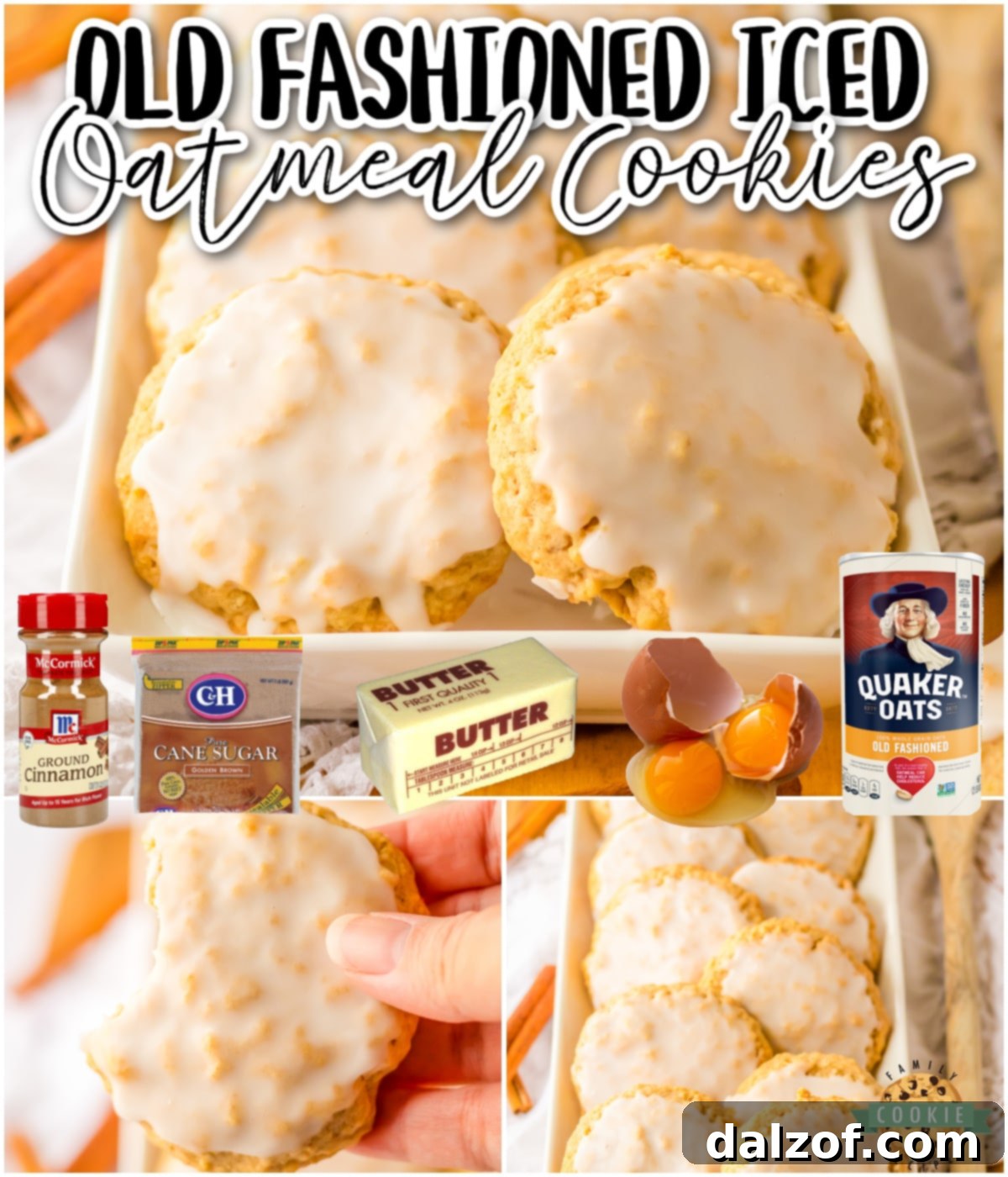 Luscious Frosted Oatmeal Chews 7 A collage of Soft & Chewy Iced Oatmeal Cookies with various angles and close-ups, showcasing their texture and icing.