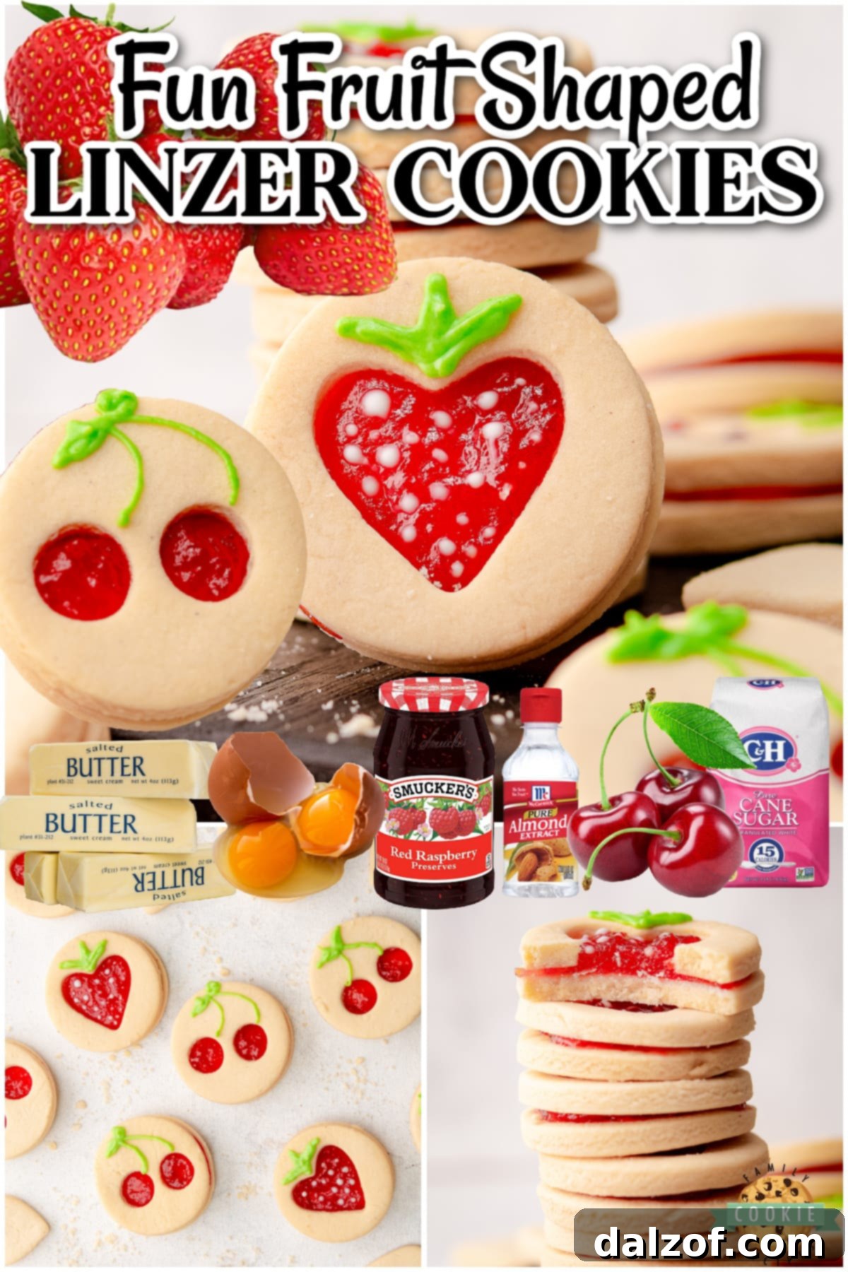 Fruit Shaped Linzer Cookies are traditional Linzer cookies with cherry and strawberry shaped cut-outs! Super cute, beautifully spiced Linzer cookies with jam filling make for a delightful treat! 