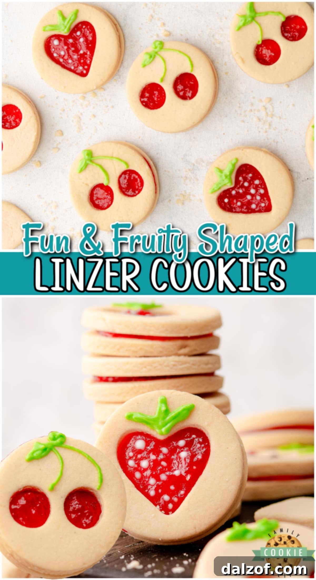 Fruit Shaped Linzer Cookies are traditional Linzer cookies with cherry and strawberry shaped cut-outs! Super cute, beautifully spiced Linzer cookies with jam filling make for a delightful treat! 